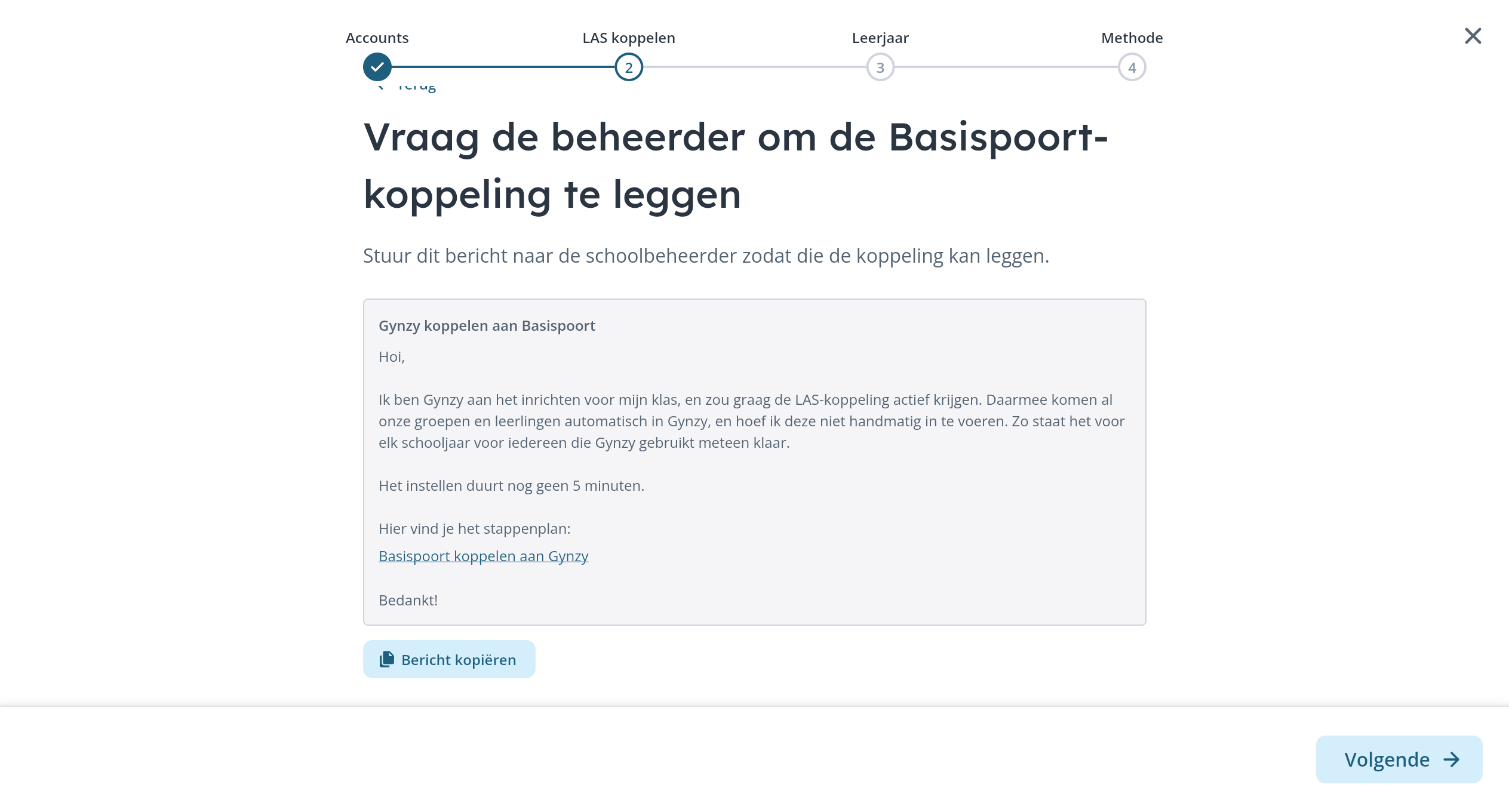 Step with a pre-written message to the school administrator about connecting Basispoort, and a button to copy it
